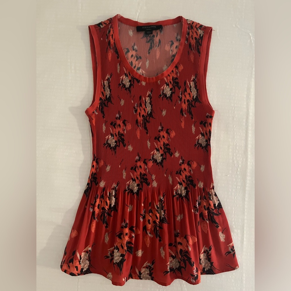 AllSaints Red Floral Accordion Peplum Shell Top